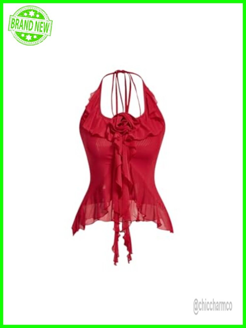 Fringe Flower Halter Top Ruffle Hem Asymmetrical Going Out Concert Club Outfit